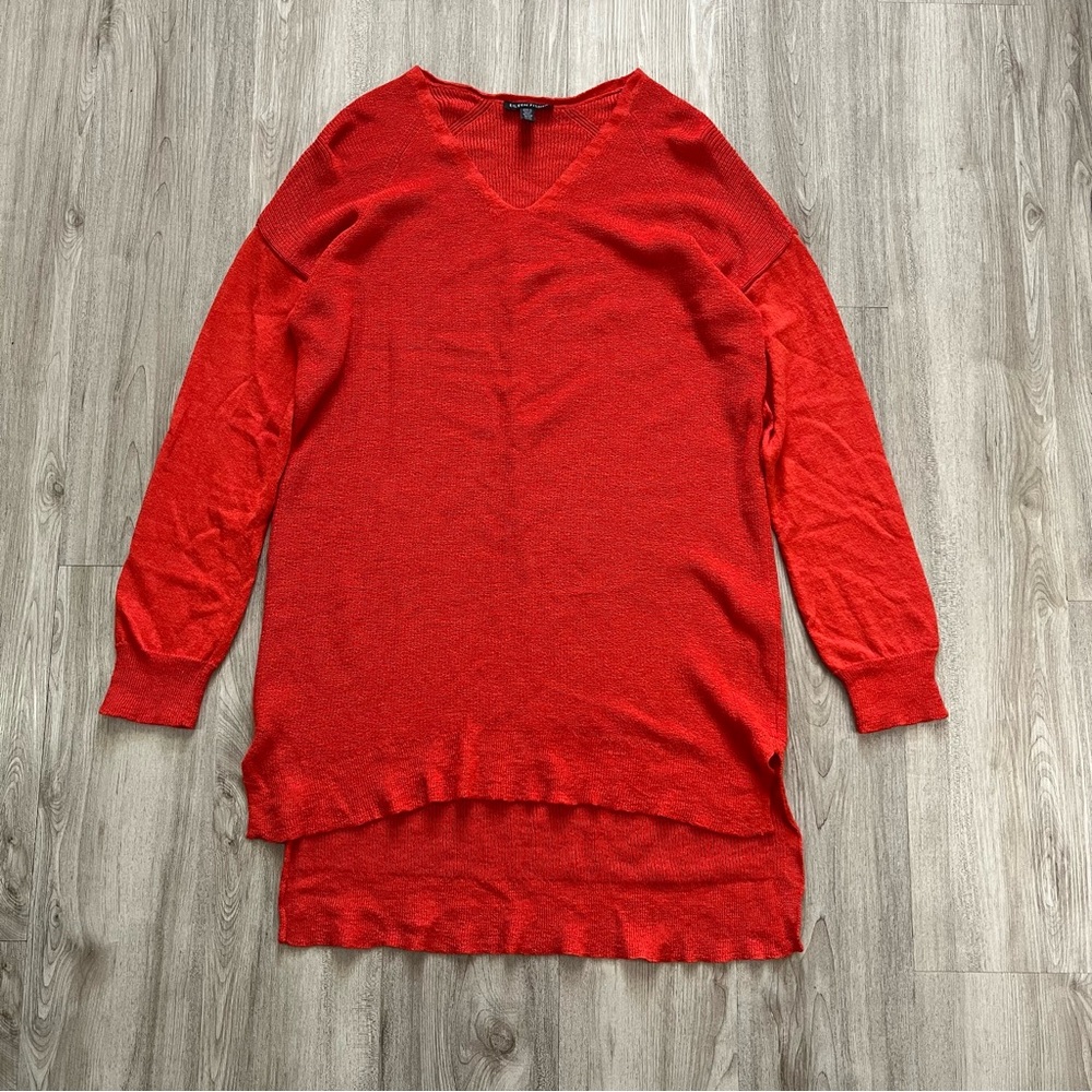 $278 Eileen Fisher 100% Wool‎ V-Neck Red Orange Tunic Sweater Womens Size Medium